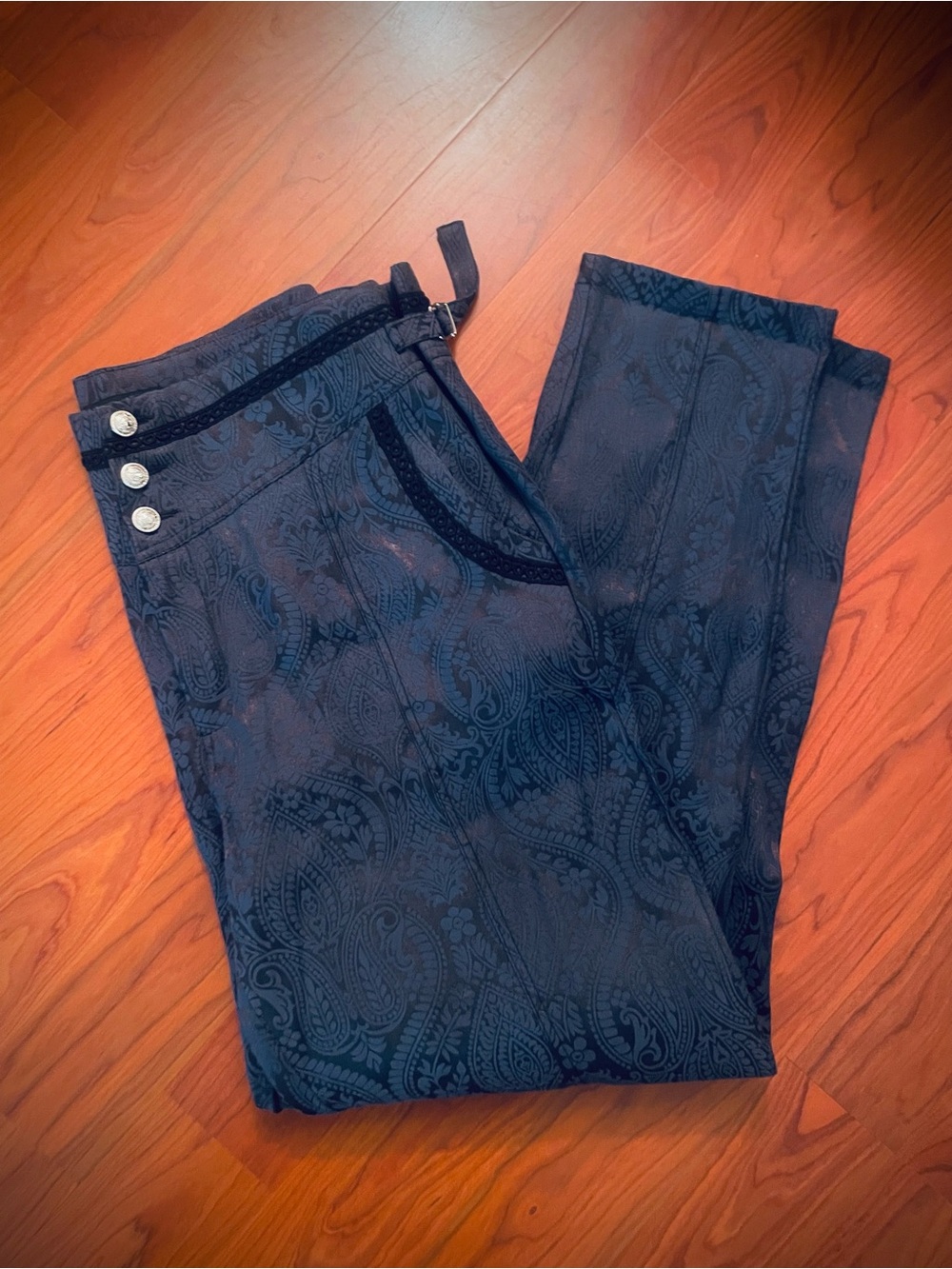 VATPAVE Gothic Vampire Ball Pants Steampunk Victorian Brocade Trousers Blue XXL